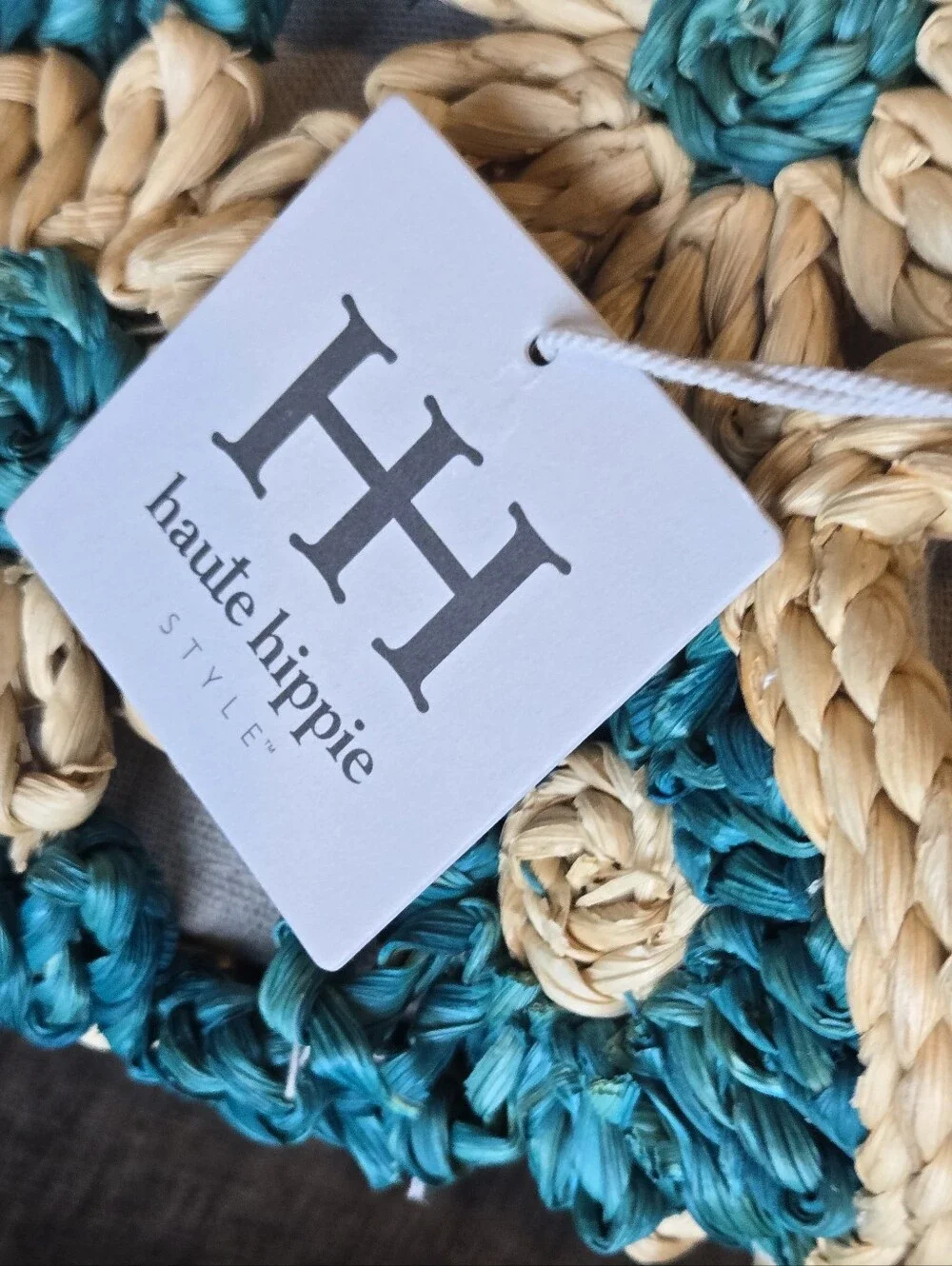Haute Hippie Teal And Natural Woven Straw Floral Tote Bag With Bamboo Handles